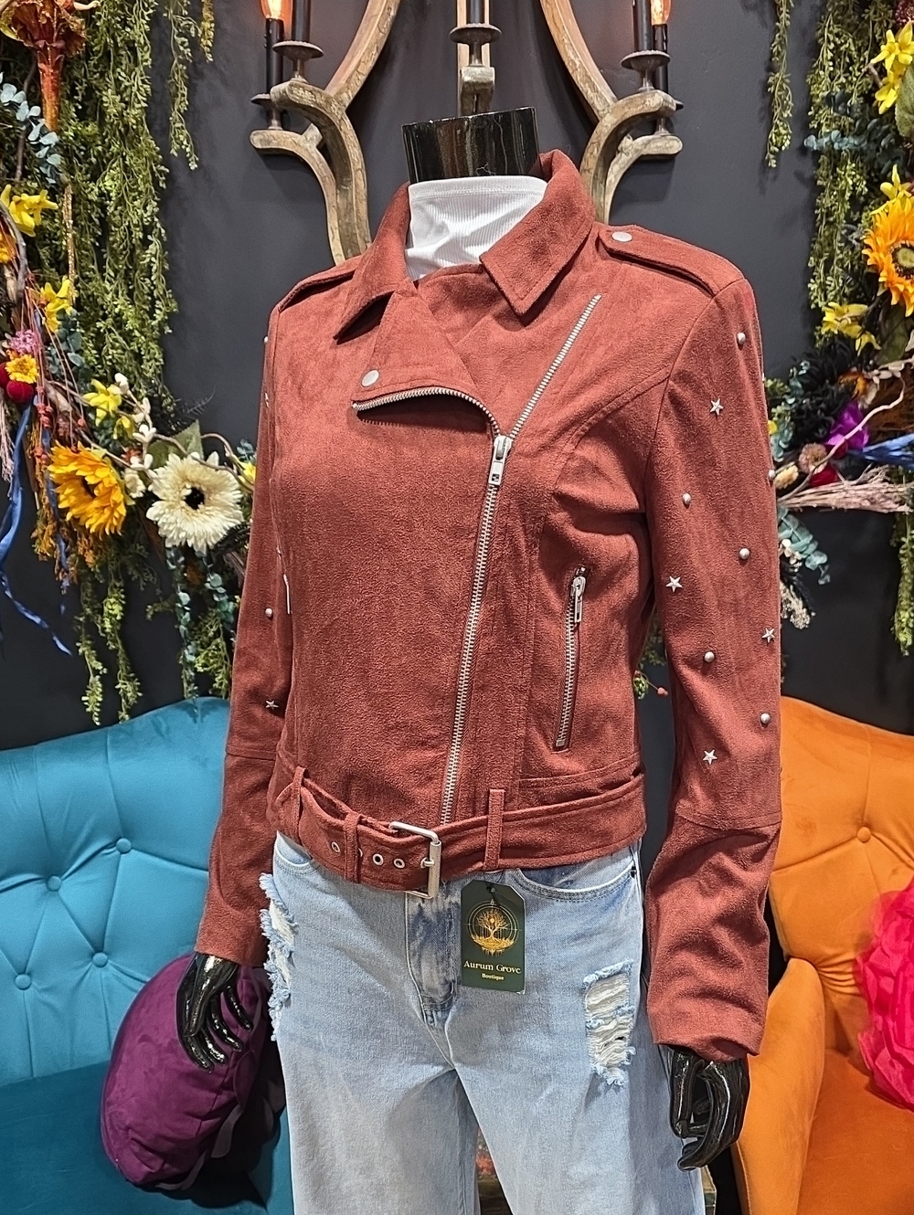 BB Dakota Rust Soft Faux Suede Studded Moto Jacket